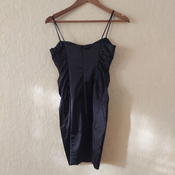 David Meister Black Satin Mini Dress Ruched Sz 4 - Picture 3 of 9